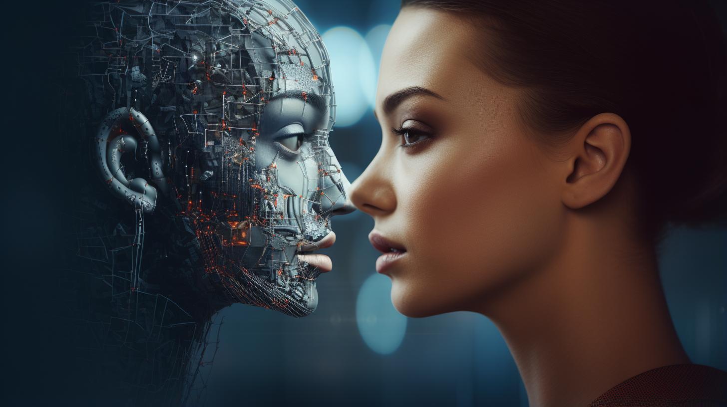 ai deepfake illustration woman and robot replica side by side comparison