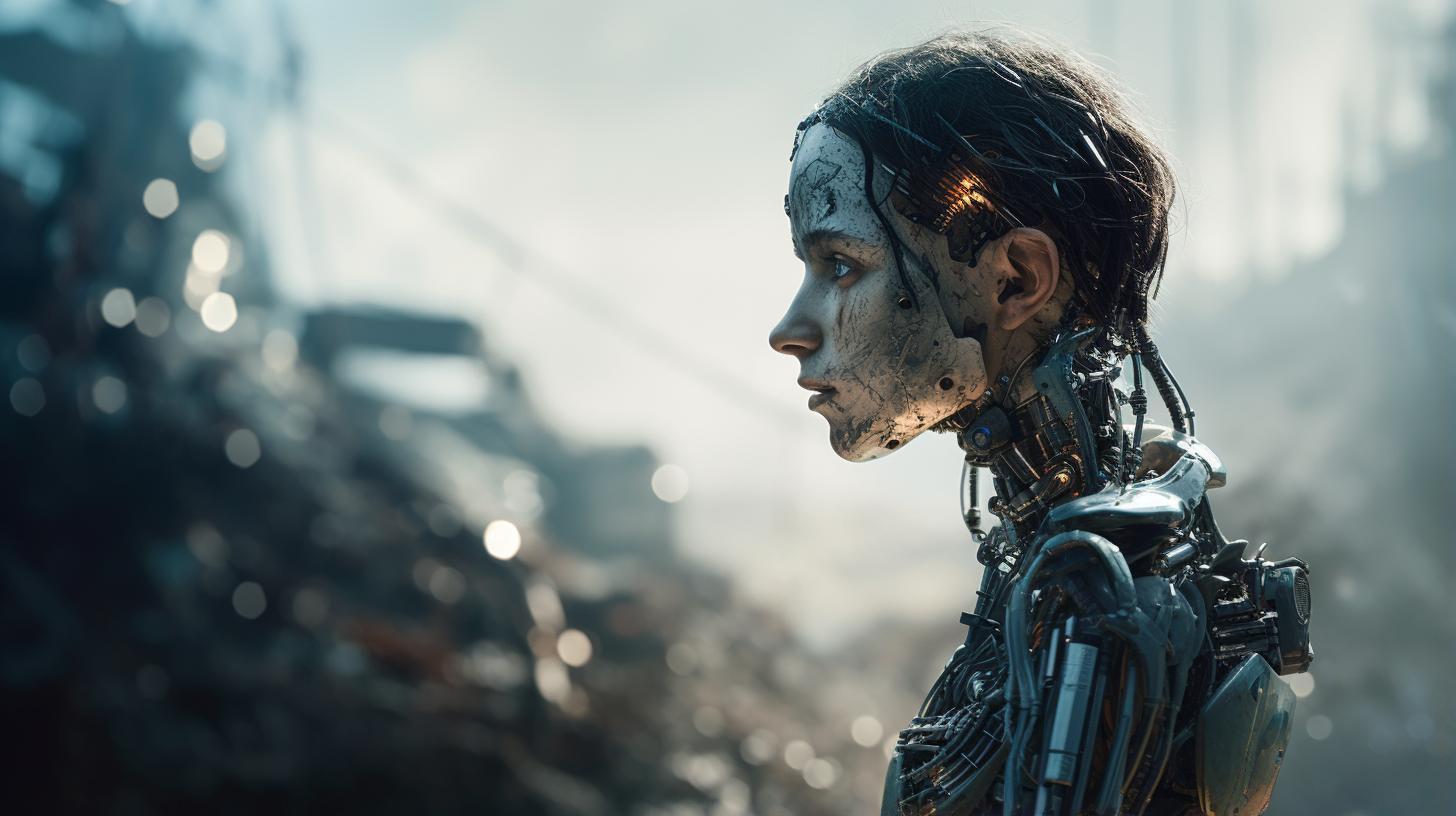 ai girlfriend robot in a desolate robot scrapyard with heaps of broken robot parts