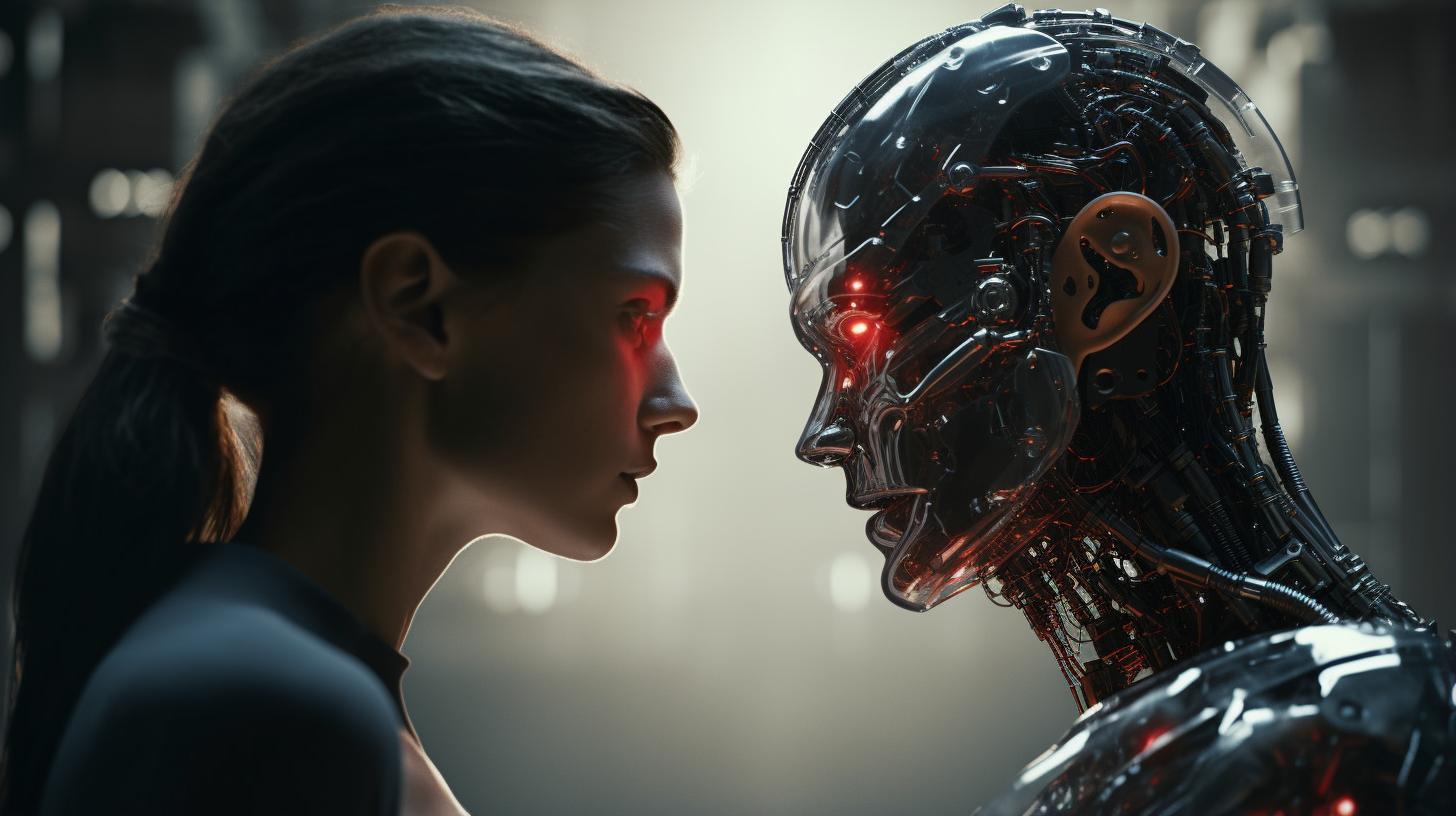 human standing against ai robot looking each other