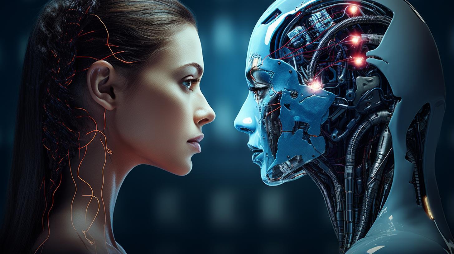 woman face to face with an ai robot avatar