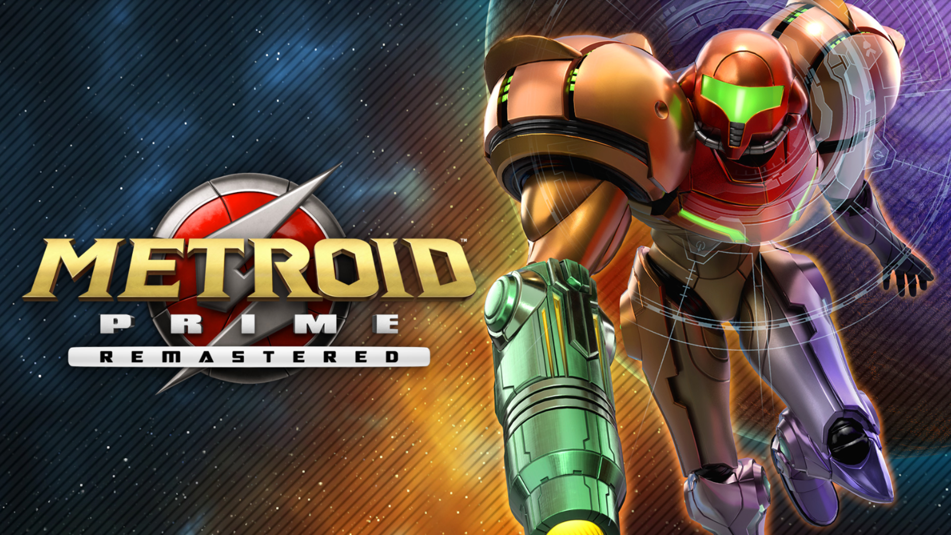 A high-definition image from "Metroid Prime Remastered" showing the protagonist, Samus Aran, in her iconic Power Suit against a vibrant, dynamic background. The game's logo is prominently displayed beside her.