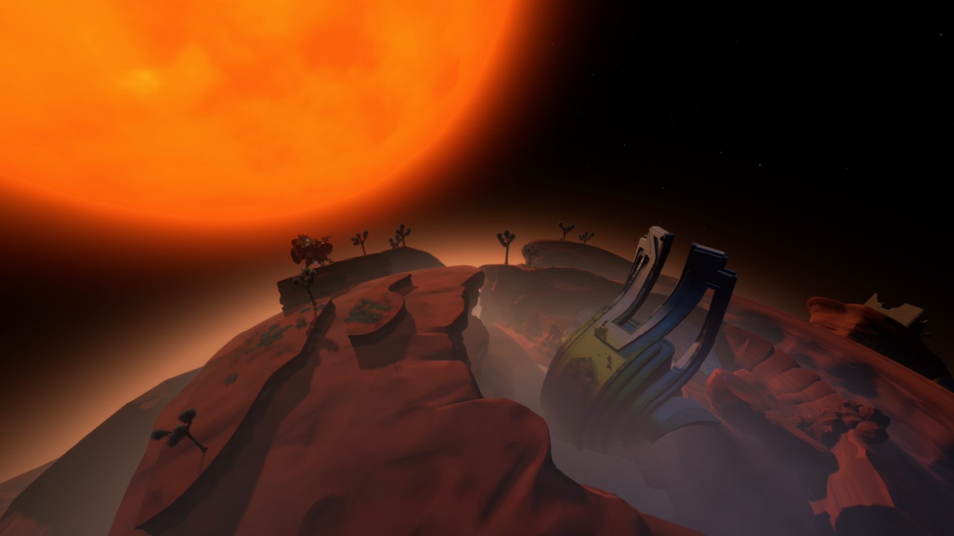 A stunning image from "Outer Wilds" showing an alien landscape under a giant, glowing orange sun. The terrain features rocky outcrops and mysterious structures, creating an atmospheric and otherworldly scene.