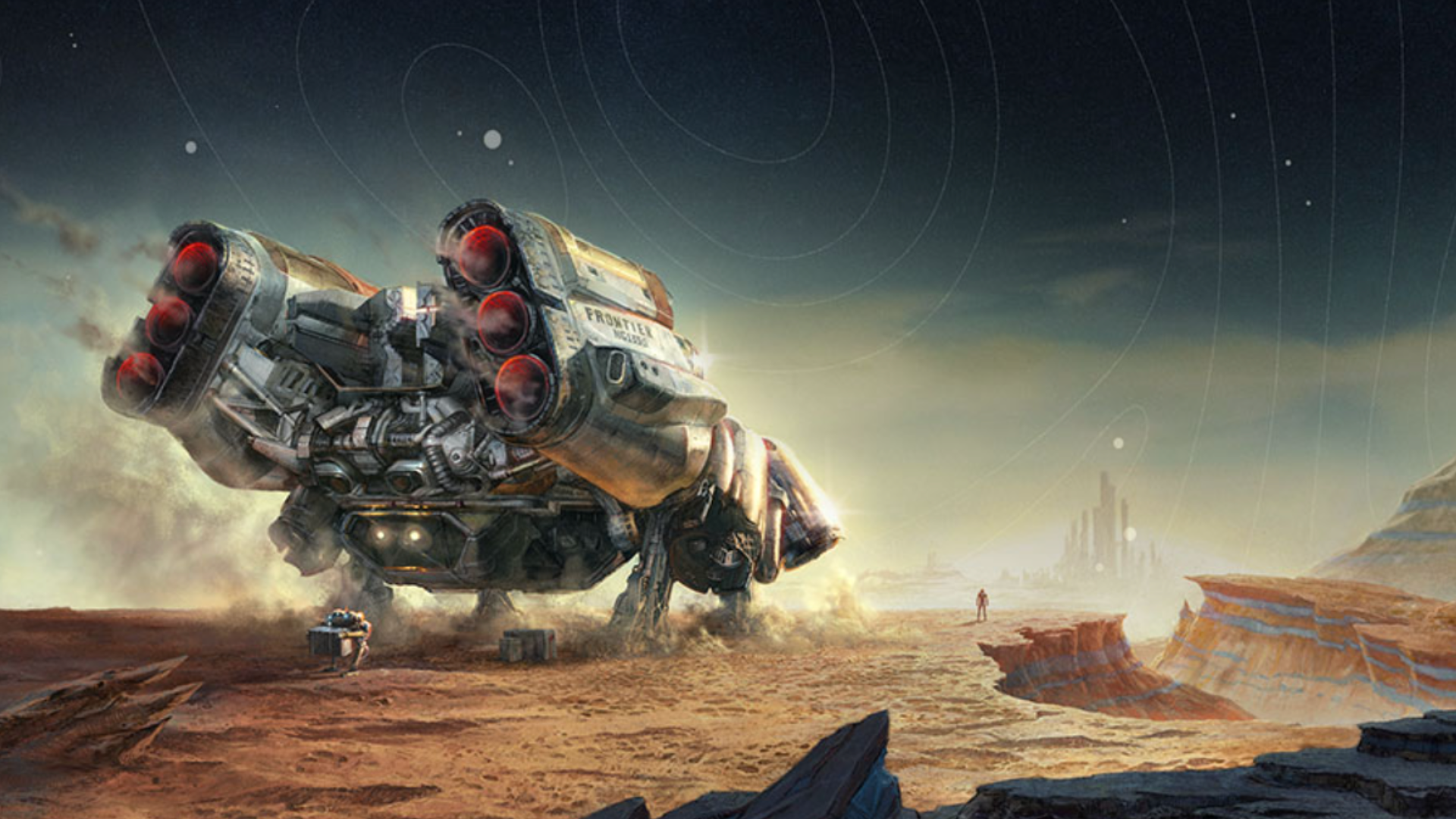 A futuristic spaceship landed on a barren, alien landscape with rocky outcrops and a distant city skyline under a starry sky, highlighting the sci-fi and exploration themes of the game "Starfield."