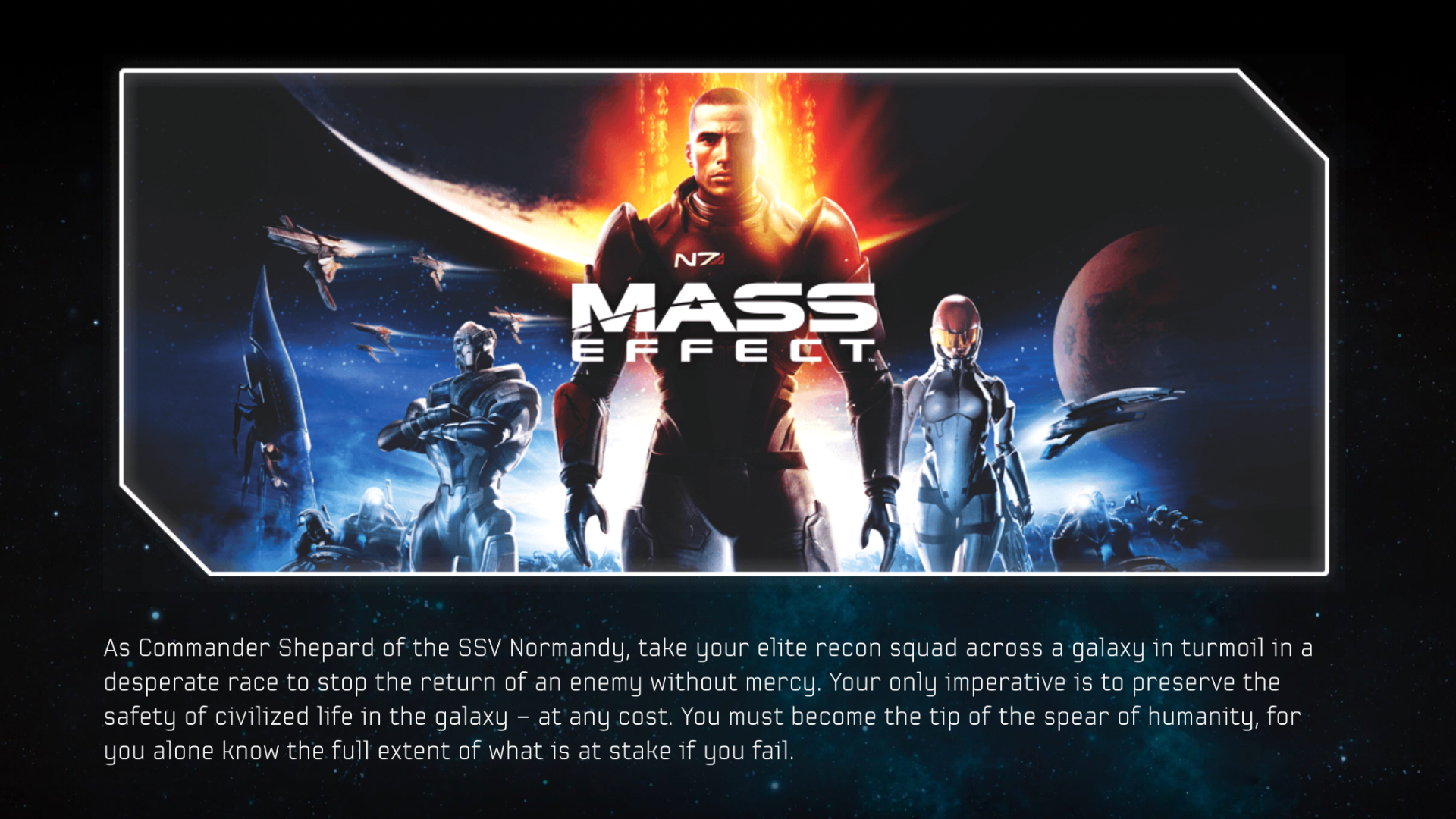 Commander Shepard stands at the center with iconic characters from Mass Effect, against a backdrop of space and the game's logo