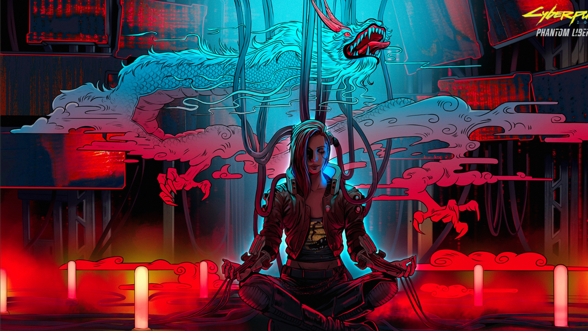 A cyberpunk character connected to futuristic cables meditates with a holographic dragon in the background, highlighting the vibrant and surreal elements of "Cyberpunk 2077: Phantom Liberty