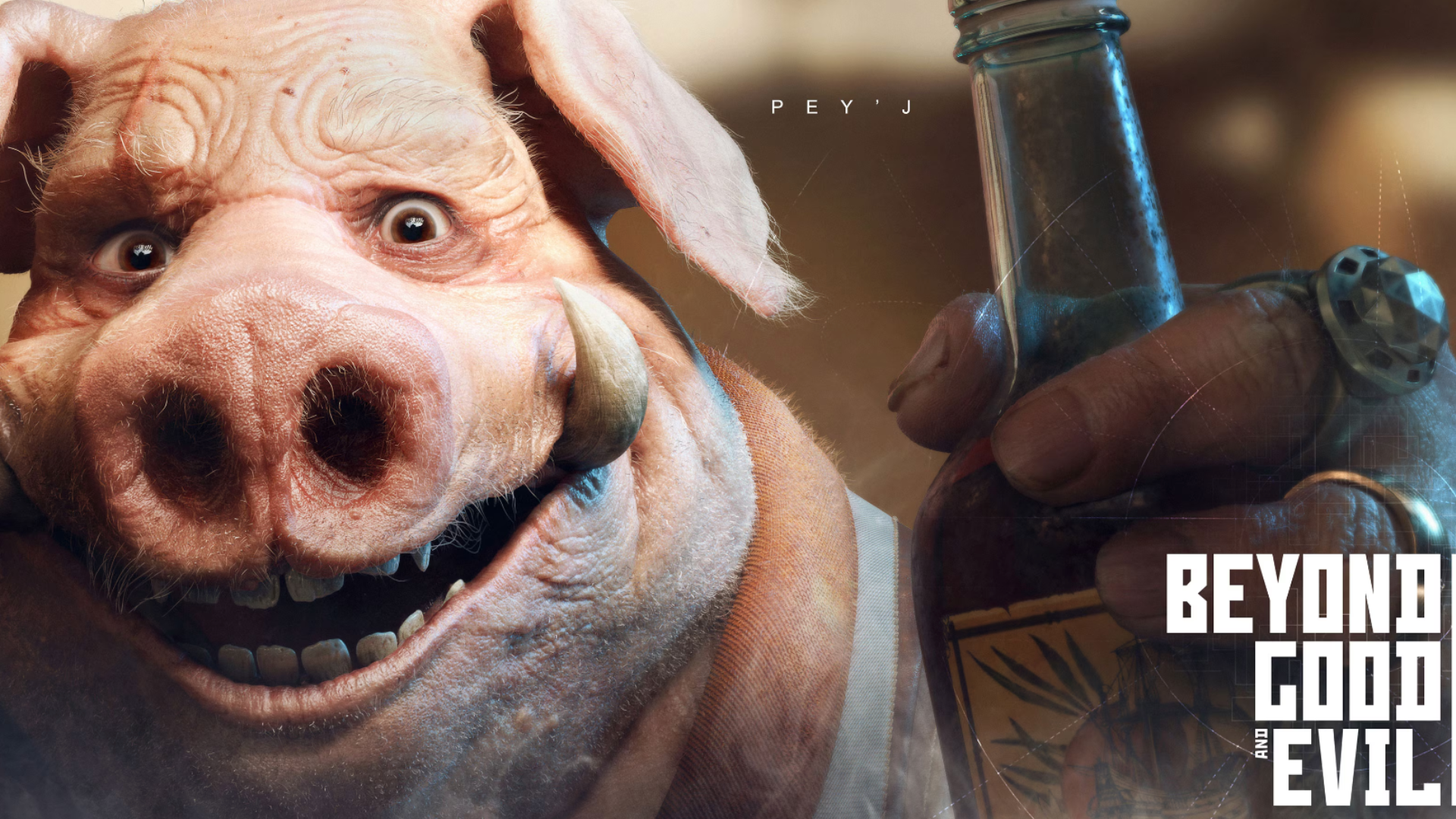 A close-up of Pey'j, the anthropomorphic pig character from "Beyond Good and Evil 2," holding a bottle and smiling warmly