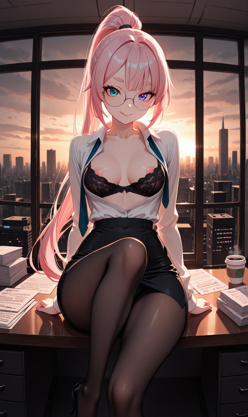 masterpiece, best quality, amazing quality, klskx, nsfw, explicit, 1girl, solo, pale pink hair, high ponytail, long ponytail, (heterochromia:1.1), (blue eyes:0.9), round glasses, pink eyebrows, eyelashes, small breasts, looking at viewer, unbuttoned dress shirt, black lace bra down, breasts out, tight pencil skirt, high heels, sheer pantyhose, undone tie hanging loosely, sitting on office desk, one leg crossed over the other, licking lips, indoors, modern office, dim warm lighting, stacks of paperwork, half-empty coffee cup, city skyline visible through window, elegant minimalistic furniture, (dark shadows:1.0), high contrast, volumetric lighting, intricate details, blurry background, depth of field