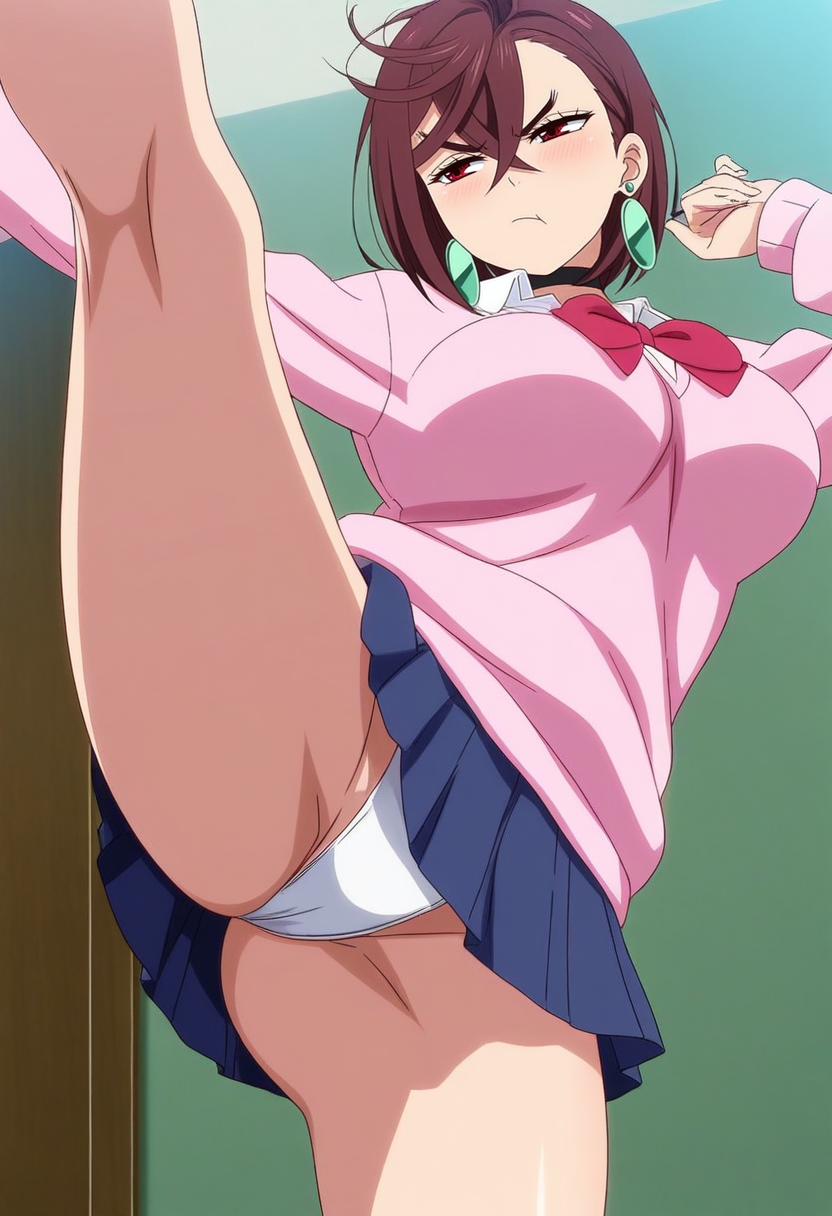 1girl,large breasts, white thong,kicking,one leg up,anime screencap, masterpiece, best quality, hands up,half-closed eyes, annoyed ayasemomo, hair between eyes, crossed bangs, green earrings, school uniform, pink cardigan, brown hair, red eyes, long sleeves, black choker, short hair, white shirt, red bowtie,pleated skirt,